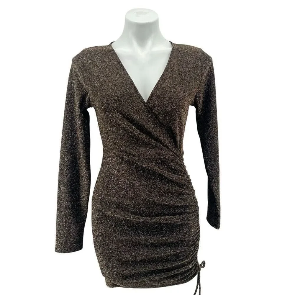 Rolla Coster Gold Metallic Long Sleeve Ruched Bodycon Mini Dress NWT Medium